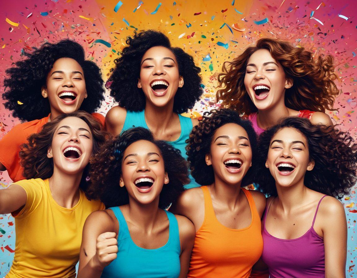 A lively collage depicting joyful women laughing and giggling, surrounded by colorful bursts of confetti and playful emojis. Capture the essence of happiness with diverse female characters in various fun activities, such as dancing and sharing jokes, against a bright and cheerful background. Emphasize the warmth and joy of friendship. vibrant colors. cartoon style. playful design.