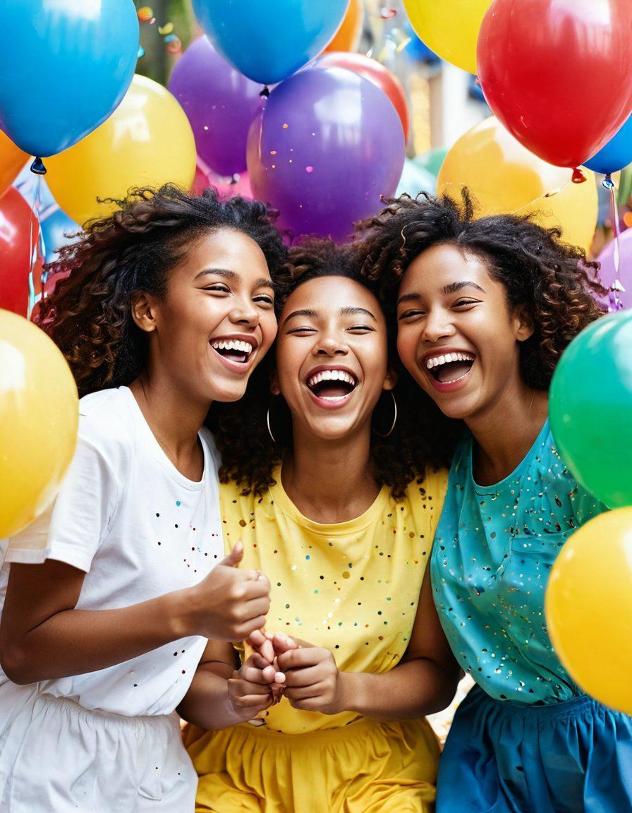 A vibrant scene depicting joyful girls of various ethnicities laughing and smiling together, surrounded by colorful balloons and confetti. Their expressions radiate happiness and positivity, capturing the essence of friendship and joy. The background should be bright and cheerful, with rays of sunshine illuminating the scene. The overall composition should evoke a sense of light-heartedness and fun. super-realistic. vibrant colors. white background.