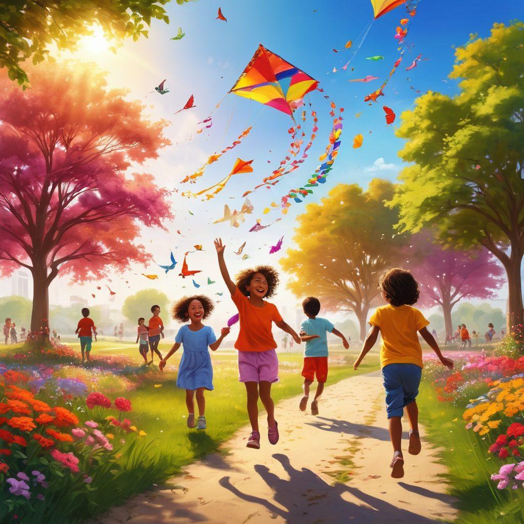 A joyful scene of children and animals playing together in a sunlit park, filled with vibrant flowers and colorful kites soaring in the sky. Laughter and smiles radiate from their faces as they engage in playful activities like jumping, running, and dancing. The atmosphere is filled with warmth and happiness, inviting viewers to experience the joy captured in the moment. super-realistic. vibrant colors. cheerful theme.